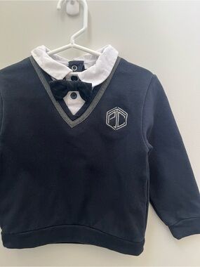 Patachou Soft High Quality Navy V-Neck Sweater Top with White Collar Bow